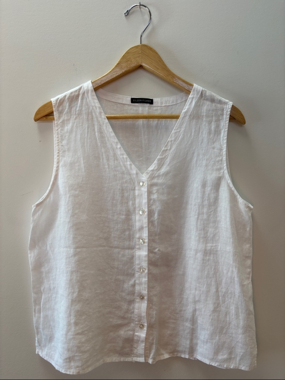 Eileen Fisher White Linen V-Neck Button Front Tank